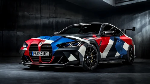 Bold BMW sports car wrapped in vibrant racing colors.