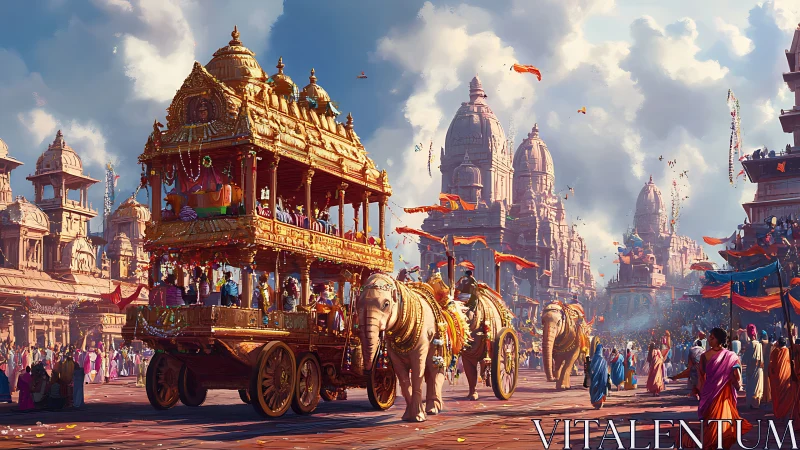 Golden temple chariot procession amid crowded festival street.