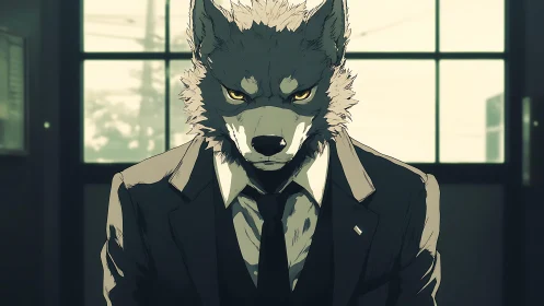 Anthropomorphic wolf in business suit before window scene.