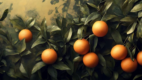 Ripe oranges hanging on glossy green leaves against wall.