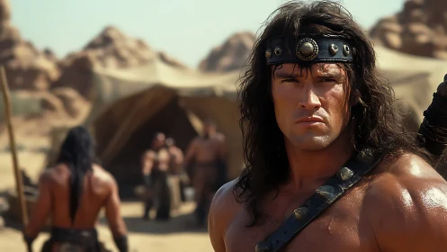 Warrior in desert camp with muscular fighters behind him.