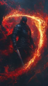 Dark armored warrior within blazing fiery ring.