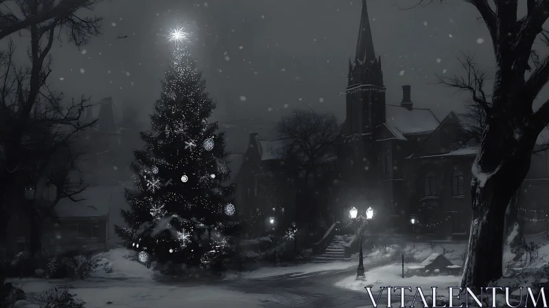 Snow-laden town square with illuminated Christmas tree at night