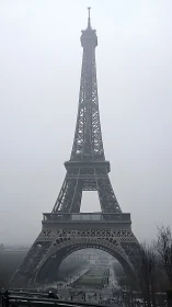 Eiffel Tower vanishes into winter fog over muted Paris sky.