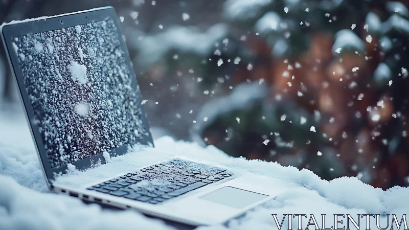 Laptop under heavy snowfall shows severe cold-weather exposure