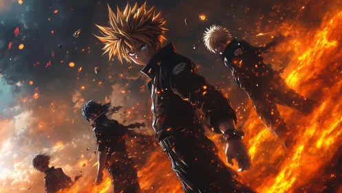 Dynamic anime squad in volcanic battlefield composition.