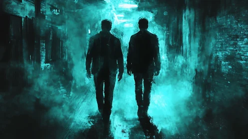 Two silhouettes crossing neon alley in cyan misted haze.