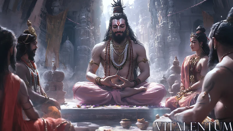 Mythic guru in lotus meditation amid temple disciples circle