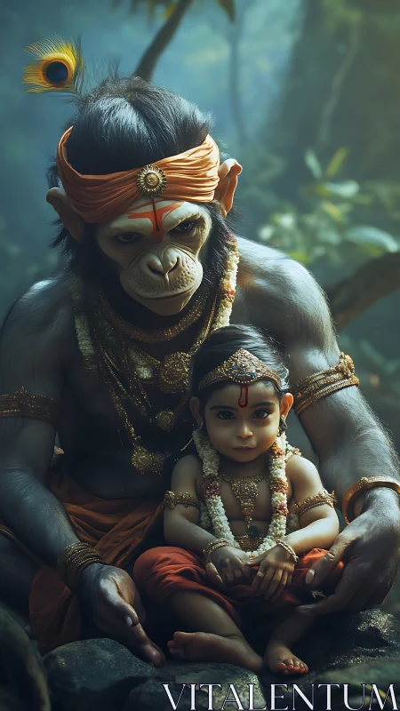 Primate-headed adult and child figure in forest setting.