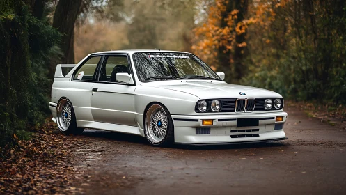 Classic white BMW sports coupe rests on a forest lane.