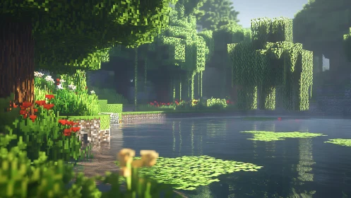 Voxel forest lakeside under warm volumetric daylight glow.
