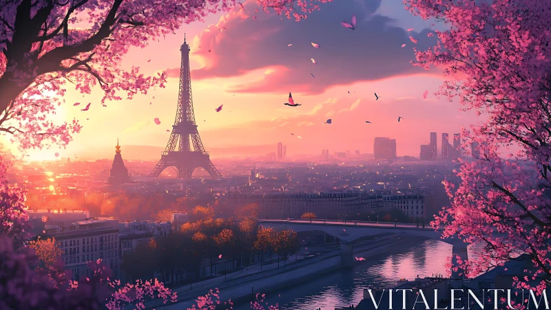 Sunset sky bathes Eiffel Tower amid blooming cherry trees