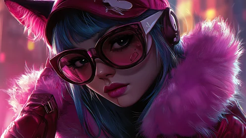 Cyberpunk girl wears neon visor and pink fur jacket