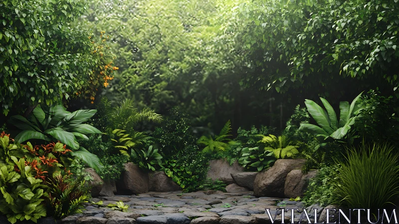 Lush Jungle Oasis With Emerald Canopy and Stone Path.