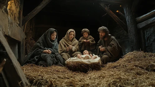 Nativity family gathers in rustic stable around newborn child.
