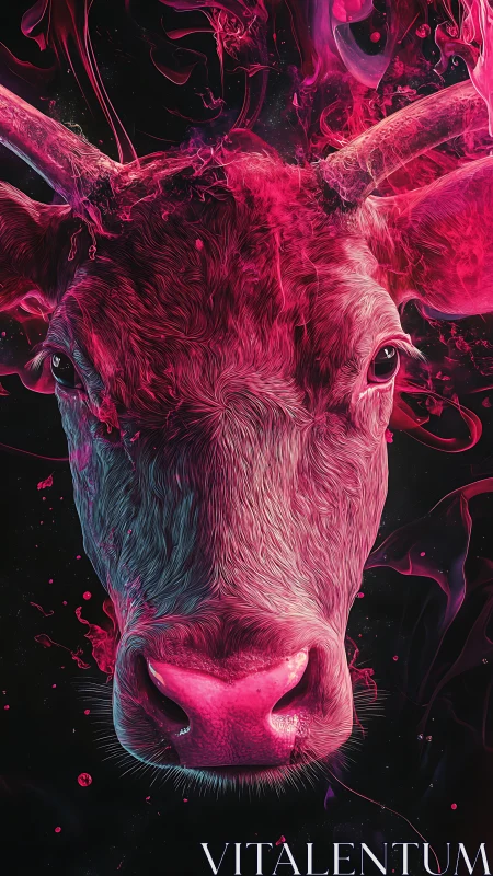 Vivid pink cow portrait framed by swirling digital smoke.