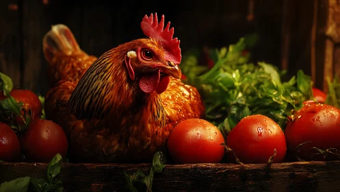 Rooster's Garden Feast: A Vibrant Farm Portrait.