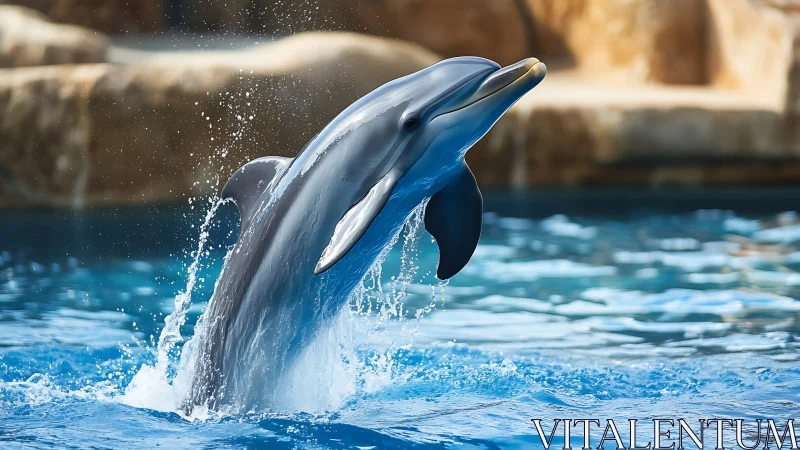 Playful dolphin arcs gracefully above sparkling blue water.