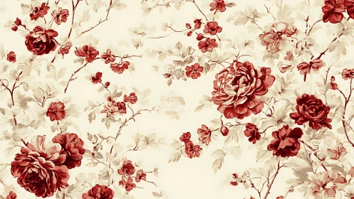 Vintage crimson floral pattern with tonal watercolor blooms.