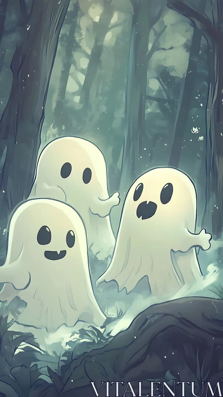 Cute cartoon ghosts gather playfully in a misty forest.