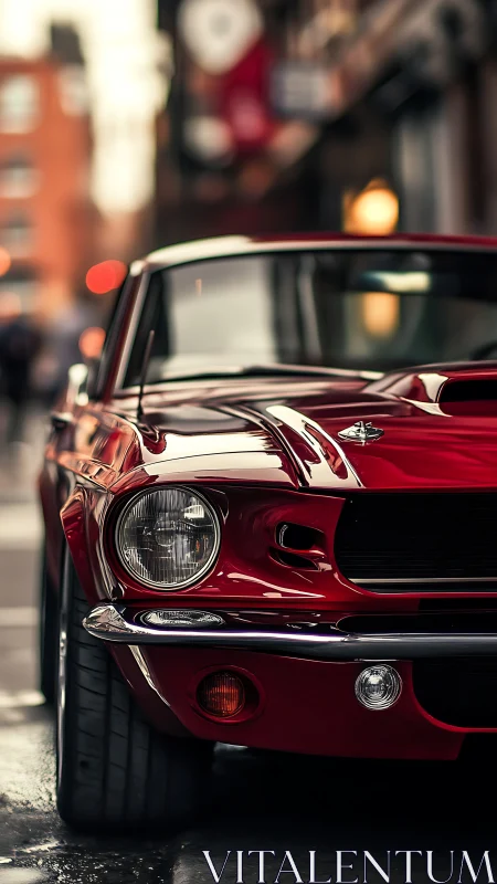 Classic red muscle car gleams under soft urban bokeh light.