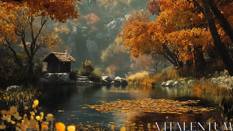 Wooden cabin beside reflective pond in dense autumn forest.