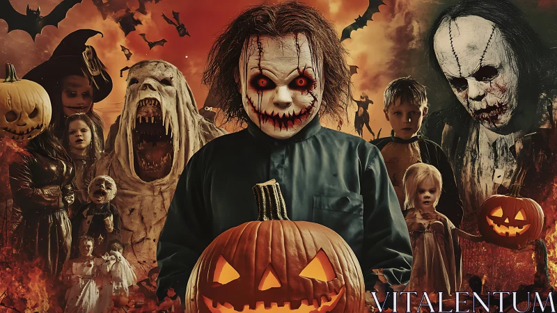 Sinister clown and haunted children in fiery Halloween tableau.