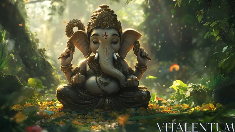 Serene Ganesha idol meditating in luminous forest clearing.