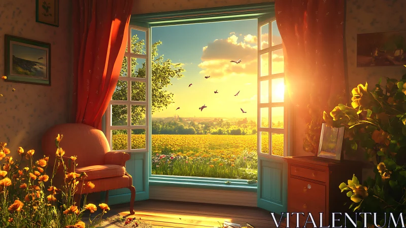 Sunlit interior opens onto a glowing wildflower field at dusk