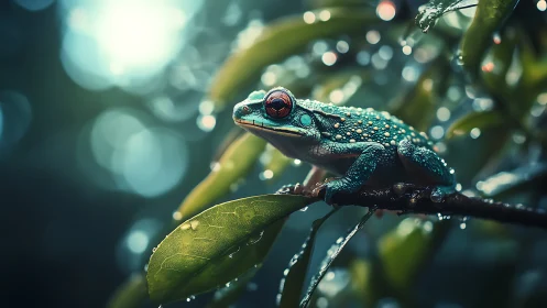 Emerald night watcher perches on rainlit jungle branch