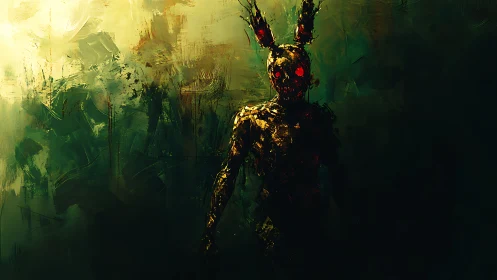 Digital painting of infernal rabbit figure in chiaroscuro space.