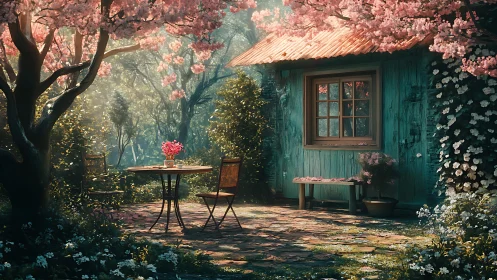 Sunlit garden cottage invites quiet springtime reflection