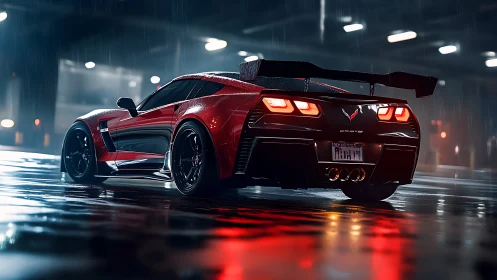 Sleek red sports coupe idling in cinematic night rain scene.