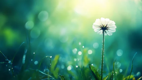 Backlit daisy macro with dewy bokeh and shallow depth of field.