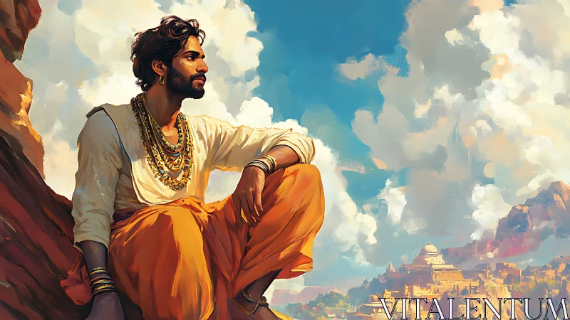 Mountain seer in saffron robes studies sunlit kingdom below.