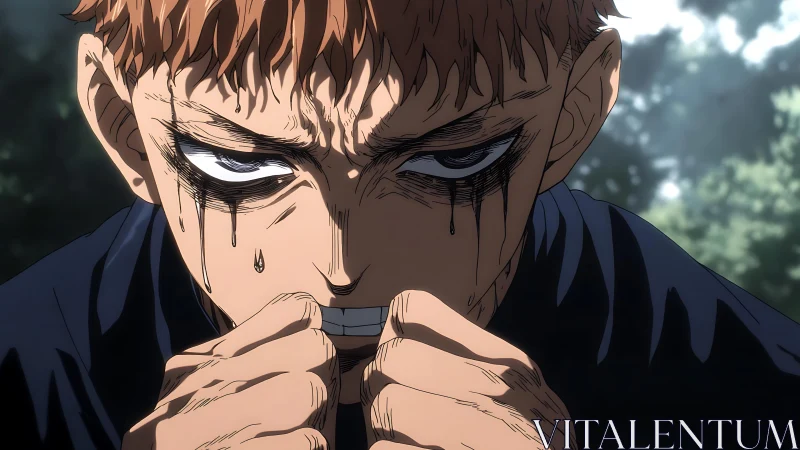 Intense anime fighter clenching fists in shadowed forest