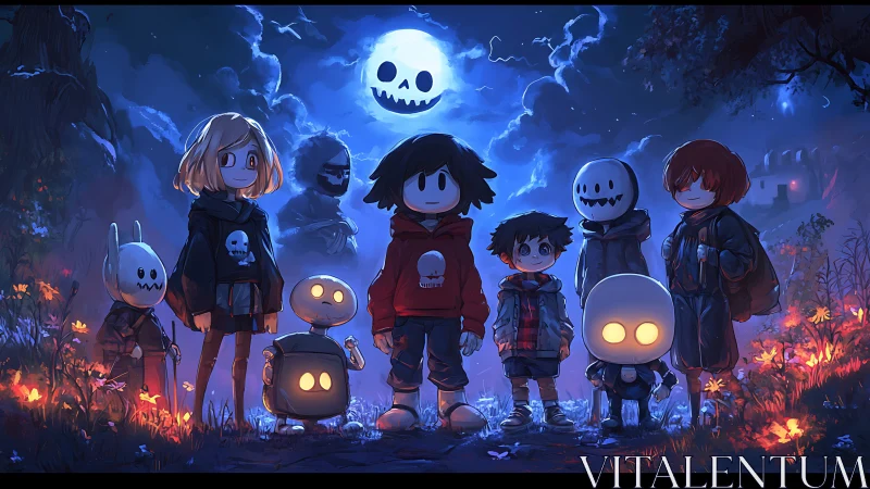 Moonlit friends share a spooky-sweet night under glowing skies