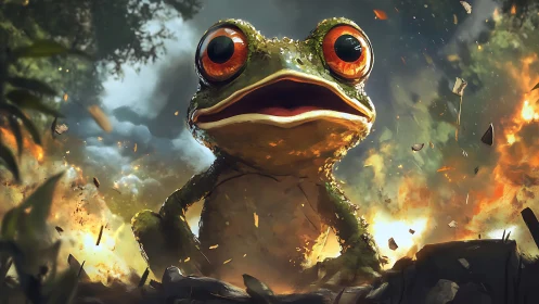 Amphibian close-up amid explosive debris with cinematic depth