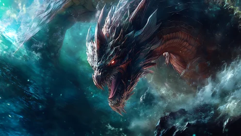 Tidal dragon erupts from storm-torn abyssal waves at dusk.