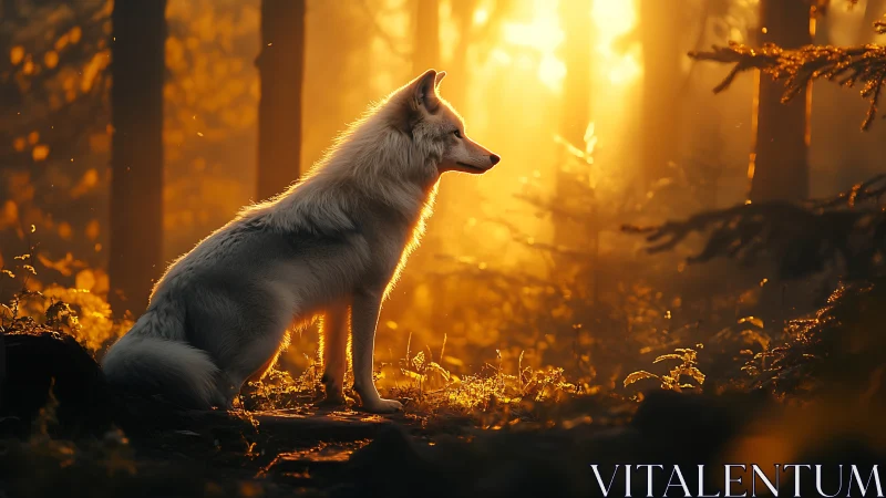 Majestic White Wolf in Enchanted Forest at Sunrise, Photorealistic Style.