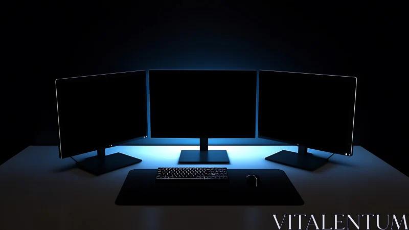 Triple monitor workstation in dark minimalist setup.