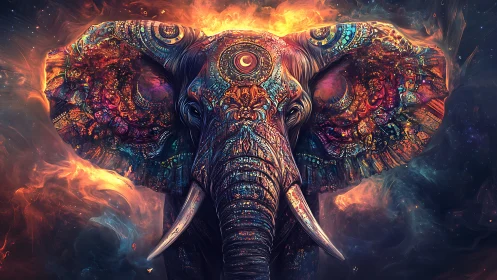 Intricate cosmic elephant portrait with luminous patterns.