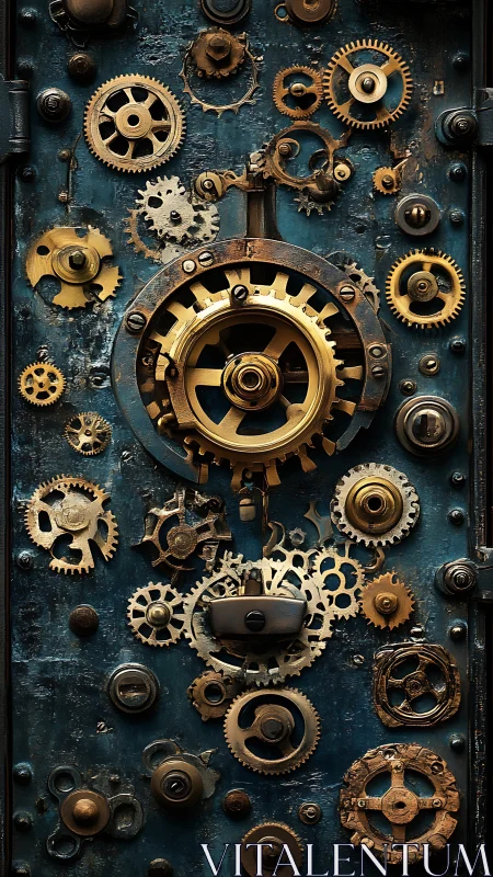 Steampunk metal panel displays interconnected brass clockwork gears