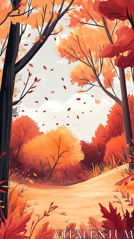 Autumn Forest Path with Falling Leaves.