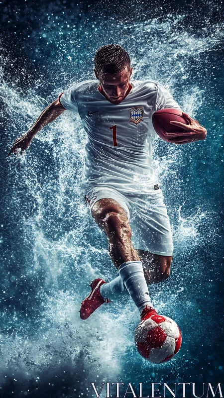 Water-slashed striker bends sports reality in frozen motion