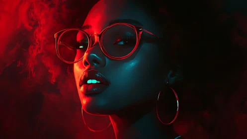 Cool neon glow around a confident woman in red glasses.