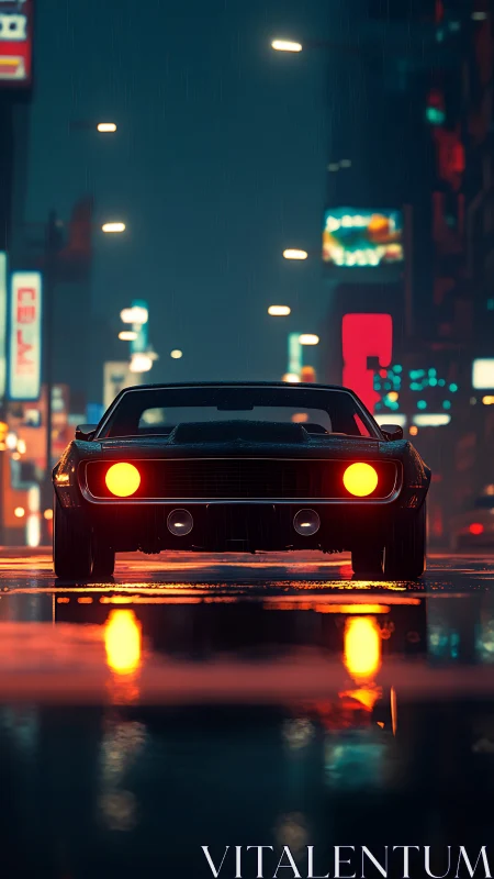 Retro muscle car headlights dominate wet neon-lit night street