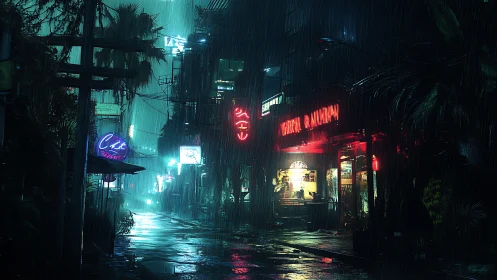 Neon‑lit urban alley shows wet pavement under heavy rain