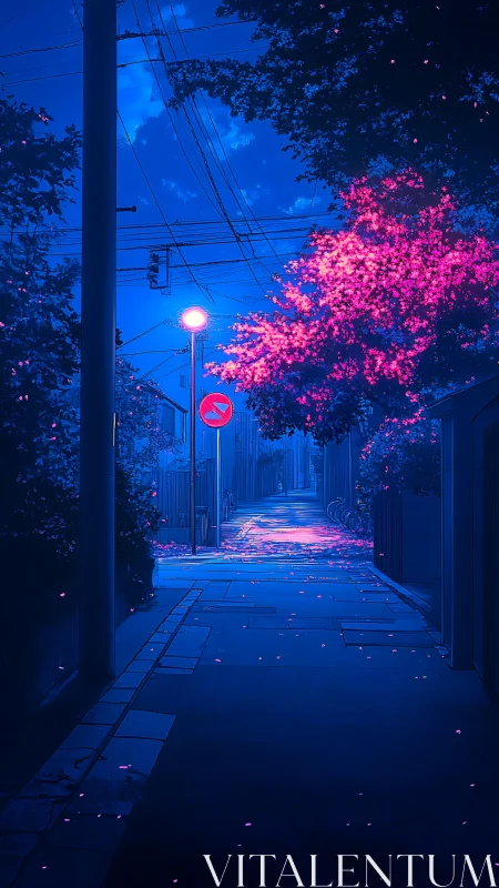 Neon twilight alley framed by glowing cherry blossoms.