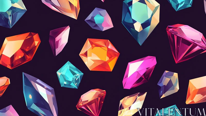 Multicolor faceted gemstones floating on dark gradient field